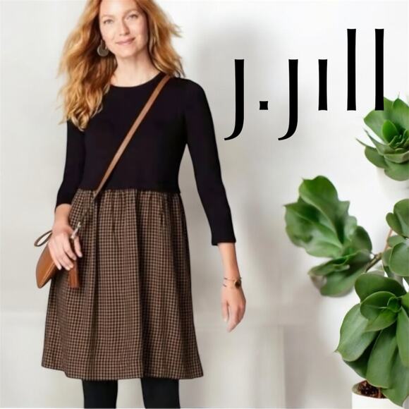J.Jill Dresses & Skirts - J. Jill Mixed‎ Media Shirt Dress Black Brown Gingham 3/4 Sleeve Womens M Medium